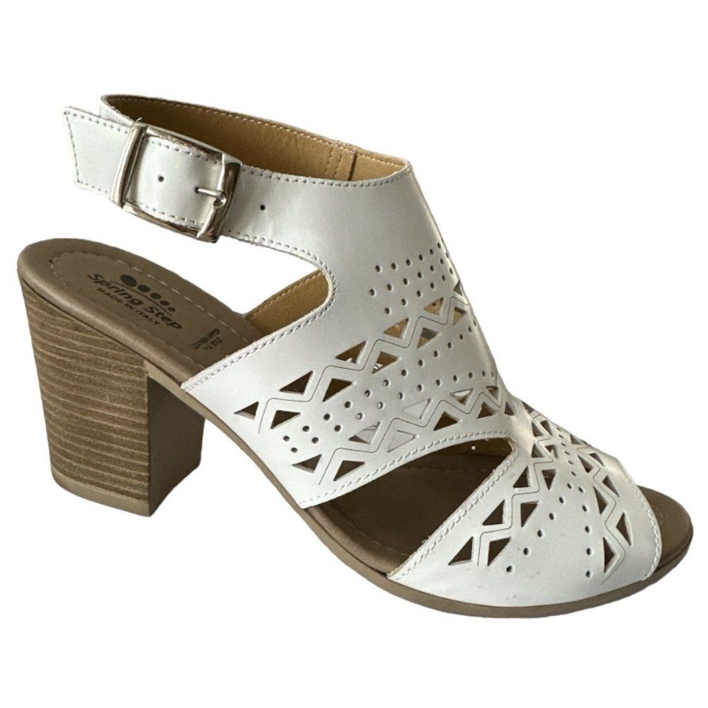 Spring Step Rosemarie Sandals Made in Italy White Leather Sz 41 EU Block Heel